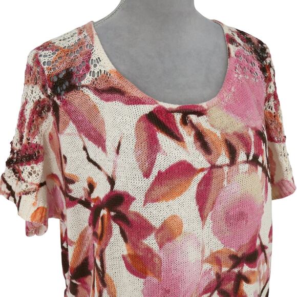 Chicos Sweater 2 Womens Large Ivory Pink Floral Cotton Knit Cap Sleeve Oversized - Picture 6 of 14